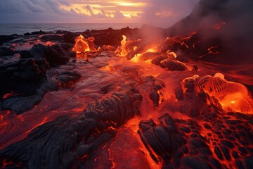 Volcanic eruption in Hawaii Volcanoes National Park at sunset, Lava is entering the ocean with many small flows, AI Generated