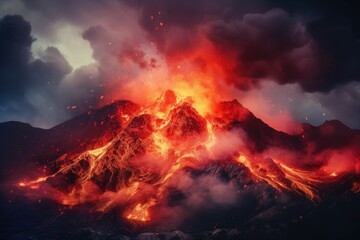 Volcano eruption at night. 3D illustration. Elements of this image furnished by NASA, Lava spurting out of crater and reddish illuminated smoke cloud, lava flows, erupting volcano, AI Generated - obrazy, fototapety, plakaty