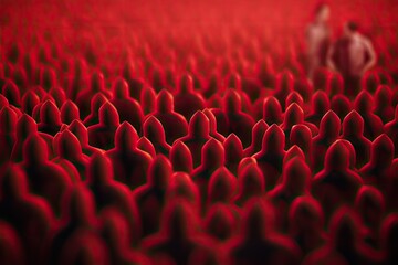 Fototapeta premium Abstract 3d rendering of crowd of people. Teamwork concept, Leadership and teamwork concept with 3d illustration of a man in front of a crowd of red people, AI Generated