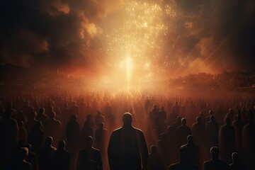 Fototapeta na wymiar Silhouettes of people in front of fireworks. 3d rendering, Leadership concept with crowd of people and light. 3d rendering, AI Generated