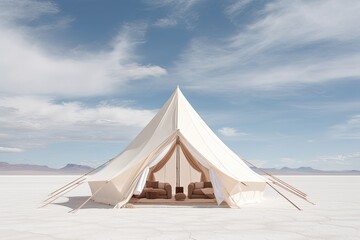 Tent in the desert. 3D rendering. Elements of this image furnished by NASA, light white and wood tent in the white desert, AI Generated