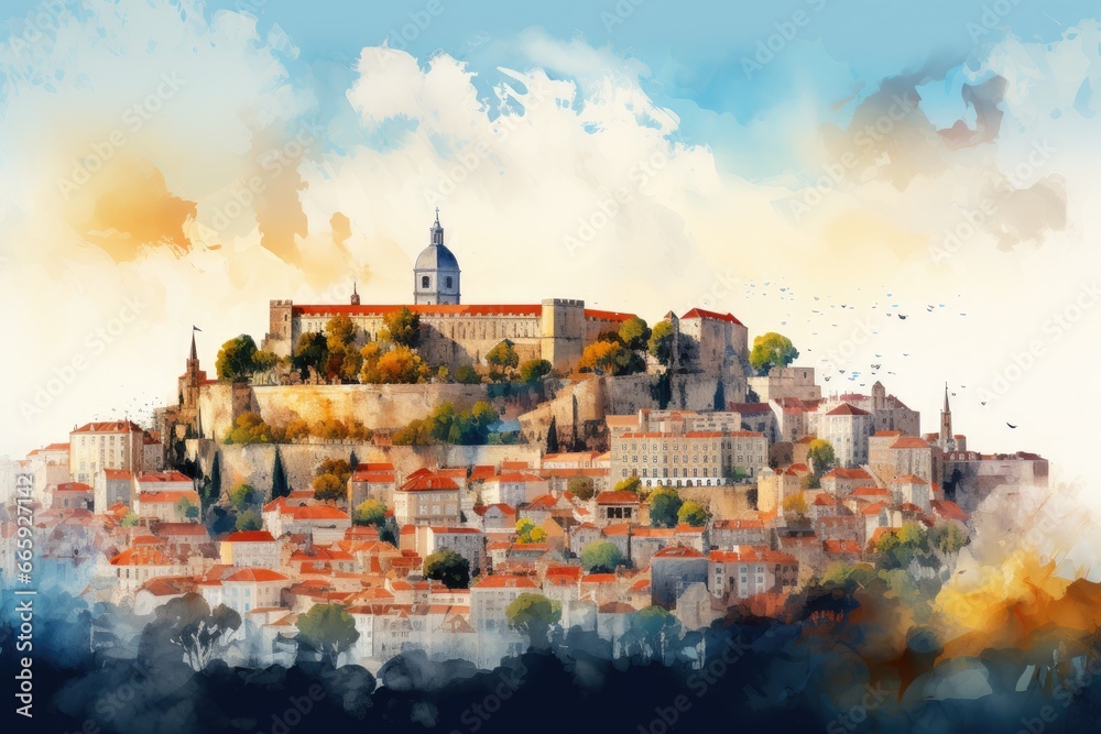 Wall mural panoramic view of the old city of prague, czech republic, lisbon, portugal skyline with sao jorge ca