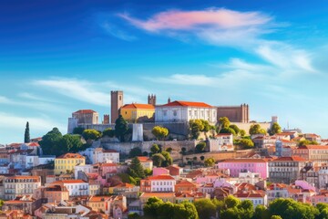 Panoramic view of the old town of Vilnius, Lithuania, Lisbon, Portugal skyline with Sao Jorge...