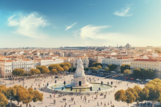 Lisbon, Portugal. Panoramic view of the Piazza della Repubblica and the Pantheon, Lisbon aerial skyline panorama european city view on marques pombal square monument, AI Generated
