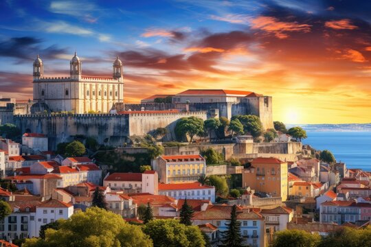 Fototapeta Panoramic view of Lisbon, Portugal. Beautiful summer sunset, Lisbon, Portugal skyline with Sao Jorge Castle, AI Generated