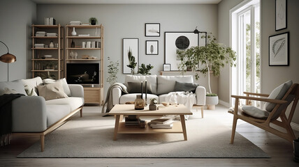 Scandinavian-themed living room interior design. A living room interior with a couch, coffee table, and television.