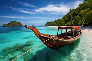 Fototapeta na wymiar Traditional longtail boat on tropical beach at Andaman sea, Thailand, Longtail boat anchored in the sea, with the landscape of the archipelago visible in the background, AI Generated