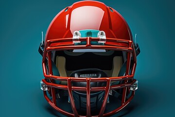 Fototapeta premium Red american football helmet on a blue background. 3d rendering, looking down on sports equipment, american football helmet, AI Generated