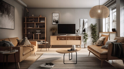 Modern living room. A couch, coffee table, and TV can be seen inside a living room.