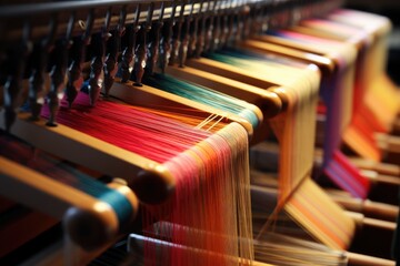 Colorful loom in a textile factory, closeup of photo, loom production of threads and textiles, AI Generated