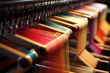 Fotobehang Colorful loom in a textile factory, closeup of photo, loom production of threads and textiles, AI Generated © Iftikhar alam