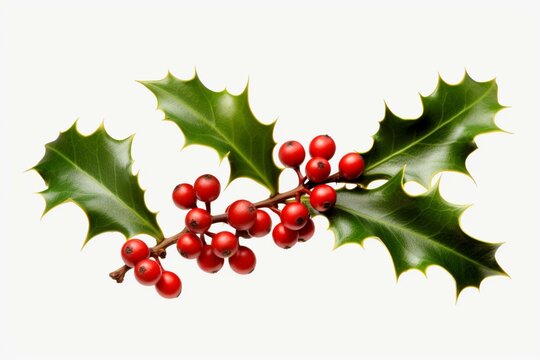 A festive holiday decoration sprig of holly with three green leaves and red berries on a transparent background. Generative AI
