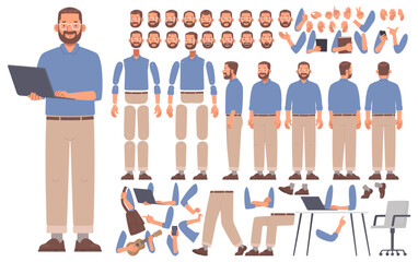 Bearded man character constructor. Male developer or programmer. A set of different views and poses
