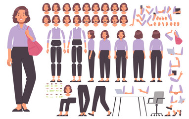 Adult woman character constructor. Businesswoman or female office worker. A set of different views and poses