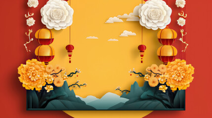 Chinese traditional asian decor , Poster advertising with product stage of Chinese festival in banner