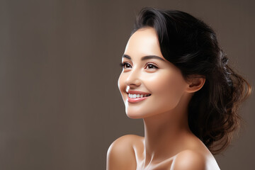 Fototapeta premium Closeup portrait of young beauty woman with fair perfect healthy glow skin , model makeup cosmetic advertisement style isolated on white