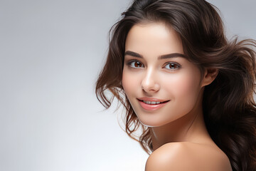 Fototapeta premium Closeup portrait of young beauty woman with fair perfect healthy glow skin , model makeup cosmetic advertisement style isolated on white