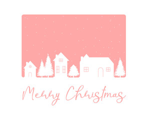 vector merry christmas with winter house on pink background