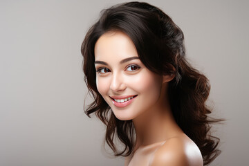 Fototapeta premium Closeup portrait of young beauty woman with fair perfect healthy glow skin , model makeup cosmetic advertisement style isolated on white