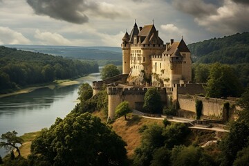 Castle in Castelnaud, Dordogne, Aquitaine, France. Generative AI