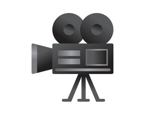 The isolated vector gray and black classic movie camera icon with two mounted reels of film, viewfinder, and lens, used for content concerning movies, film, and video, link, or credit.