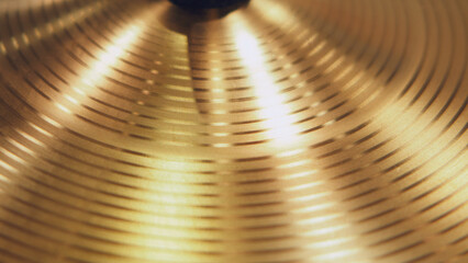 Drum set close up shot of a cymbal in a sound recording studio