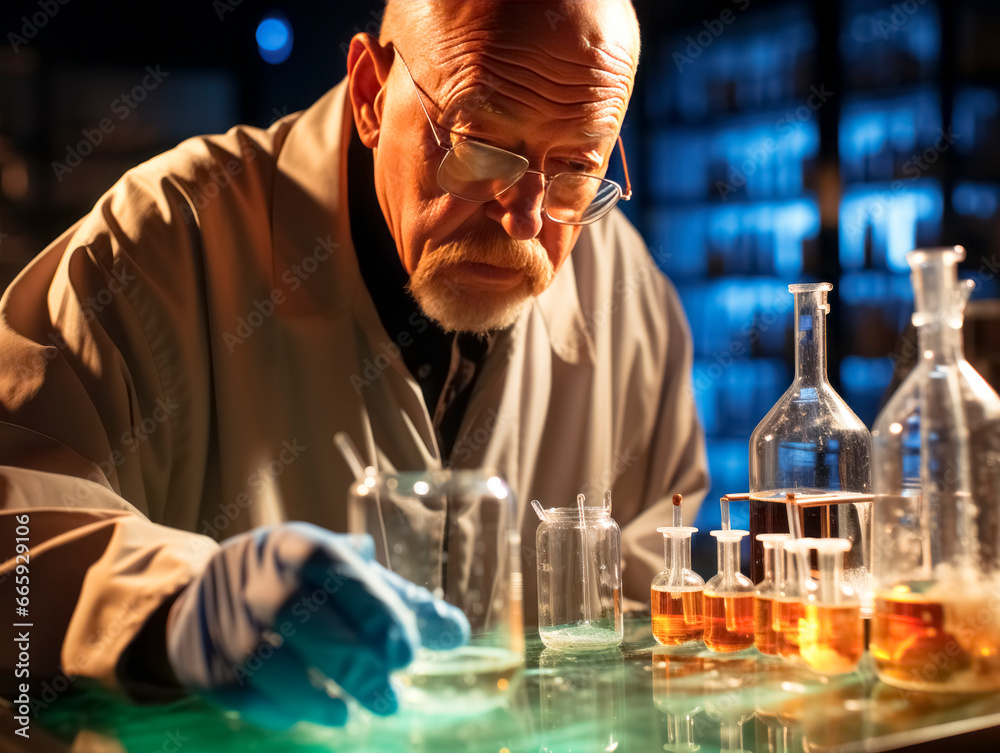 Poster senior male scientist working in a laboratory at night. he is carrying out scientific research. gene