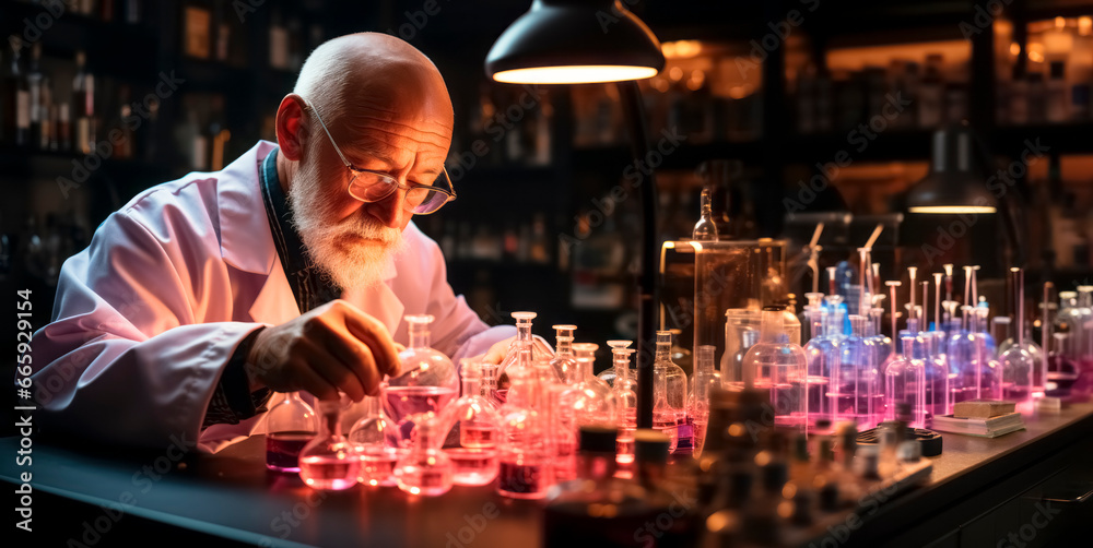 Poster senior male scientist working in a laboratory. he is wearing a white coat and glasses. generative ai
