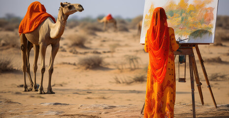 man in ethnic attire leading camels through a desert - obrazy, fototapety, plakaty