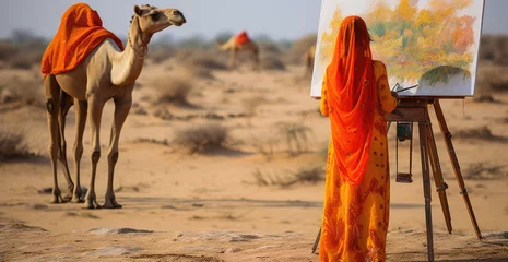Fototapeten man in ethnic attire leading camels through a desert © Kien