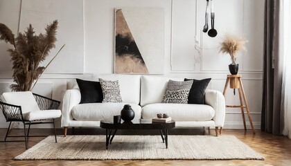 modern living room with fireplace, Boho Elegance: White Sofa and Art Poster in a Modern Space