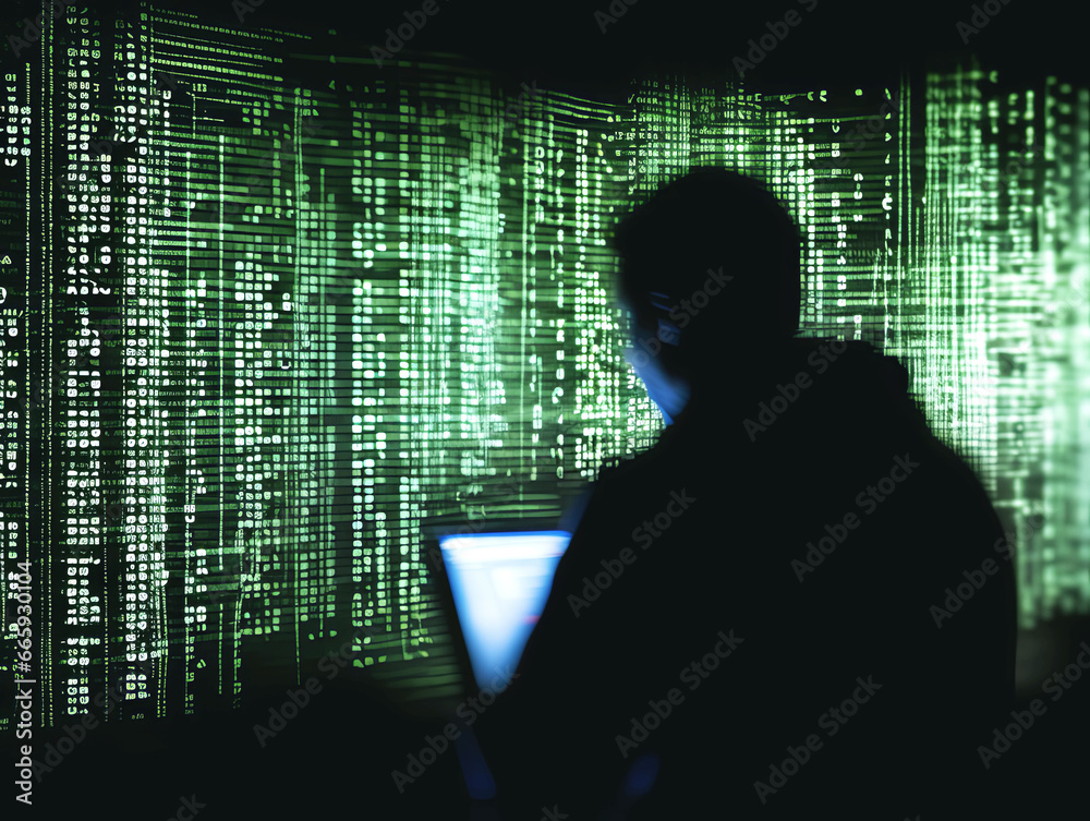 Aufkleber Silhouette of hacker with laptop and binary code on the background. Generative AI