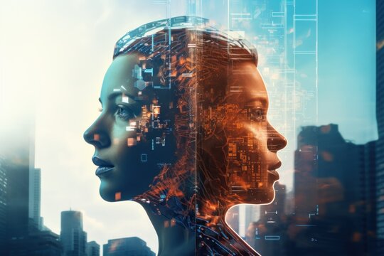 double exposure image of virtual human and artificial intelligence AI technology concept