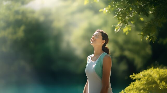 Relaxed woman breathing fresh air in a green forest