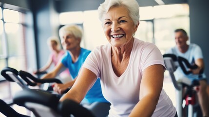 Smiling happy healthy fit slim senior people with grey hair practising indoors sport with group of people on an exercise bike in gym.