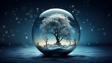 Snow globe with christmas tree inside. Christmas and New Year concept