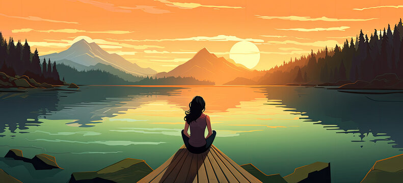 woman sitting on dock looking at lake