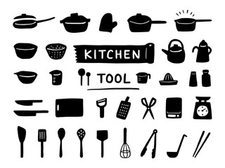 手描きのキッチンアイコンセット　モノクロ