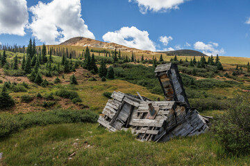 A collapsed cabin at the Summitville ghost town in southwest Colorado.