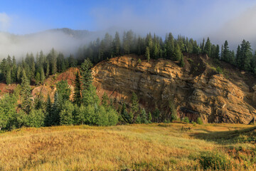 Fototapeta premium Morning fog seen above the East Fork of the San Juan River, CO.