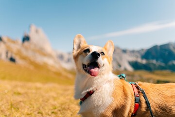 Corgi dog walking in the Dolomites in northern Italy