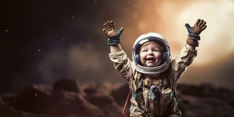 Tuinposter A cheering toddler with raised arms as an astronaut in space, copy space © EOL STUDIOS