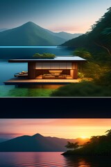 A wide image of a full innovative contemporary sea ranch cabin, hyper detailed render, rounded...