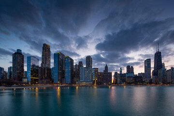 View of the Chicago downtown over lake Michigan.