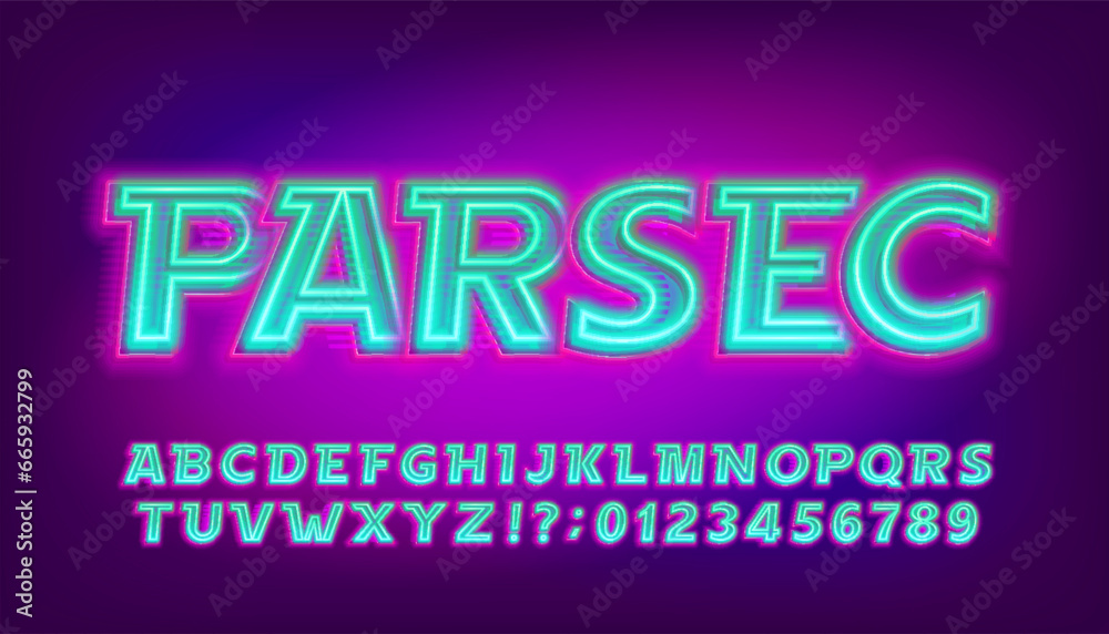 Poster parsec alphabet font. glowing neon letters and numbers. stock vector typescript for your design.