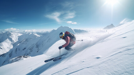 A skier descends at high speed on a snow-covered ski slope at a resort in an orange suit. - obrazy, fototapety, plakaty