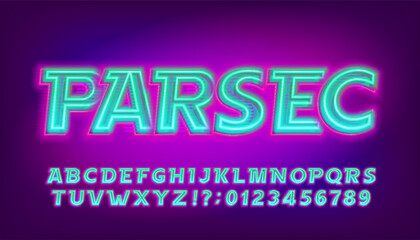 Obraz premium Parsec alphabet font. Glowing neon letters and numbers. Stock vector typescript for your design.