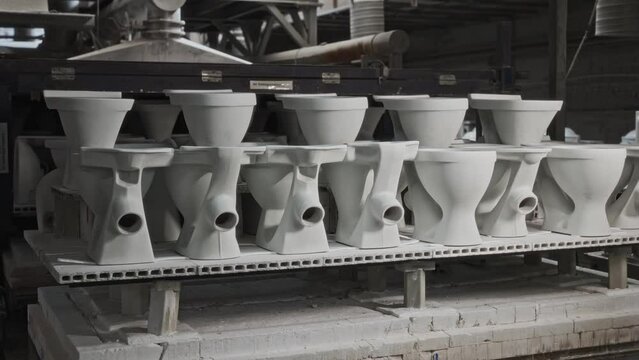 Ceramic sanitary ware passed through an industrial oven to bake the enamel. Production of toilets and sinks