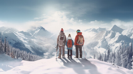 A family of skiers looks at the snow-capped mountains at a ski resort, during vacation and winter holidays. - obrazy, fototapety, plakaty