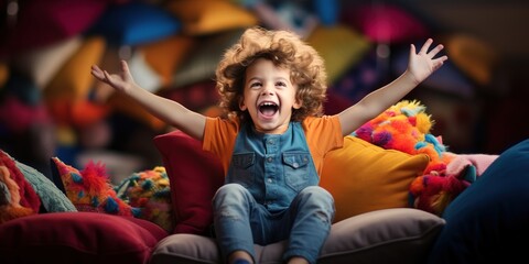 A gleeful toddler with hands raised in sheer joy, sits on a plush couch, surrounded by colorful cushions, laughing, copy space